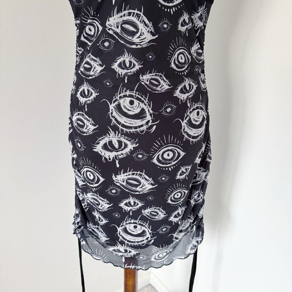 Grunge Punk Eye Eyeball Goth Drawstring Cinched Black Dress L Large Ruched - Picture 16 of 16